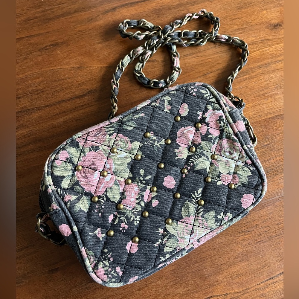 Quilted Floral Crossbody Bag in Black and Pink